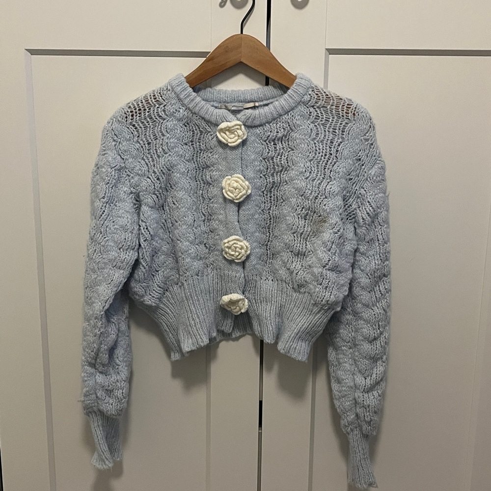 Kimchi Blue Light Blue Cardigan with Cream Floral Buttons